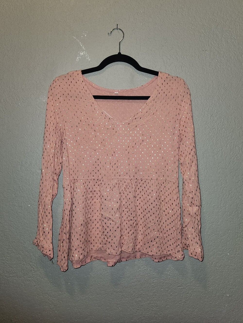 Womens Pink W Gold Details Long Sleeve Blouse Top | Medium